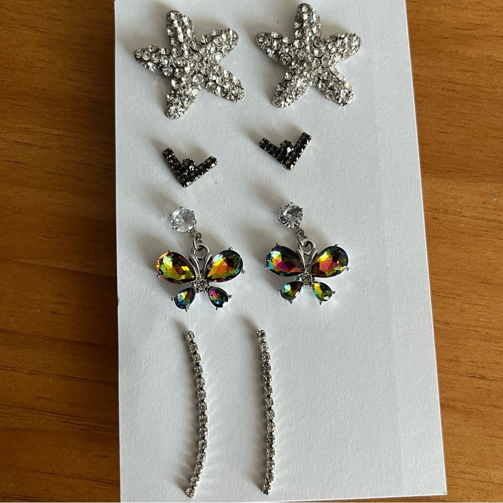 BOGO 4 Pairs of Rhinestone Earrings Vintage and Contemporary Starfish Butterfly
